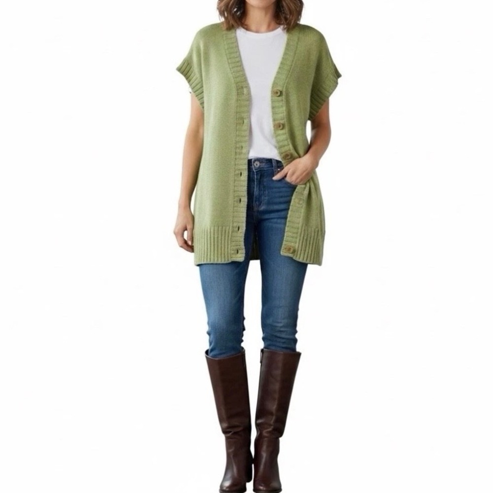 Amber Sun‎ Size Medium Cardigan Sweater Green Merino Wool Short Sleeve Longline